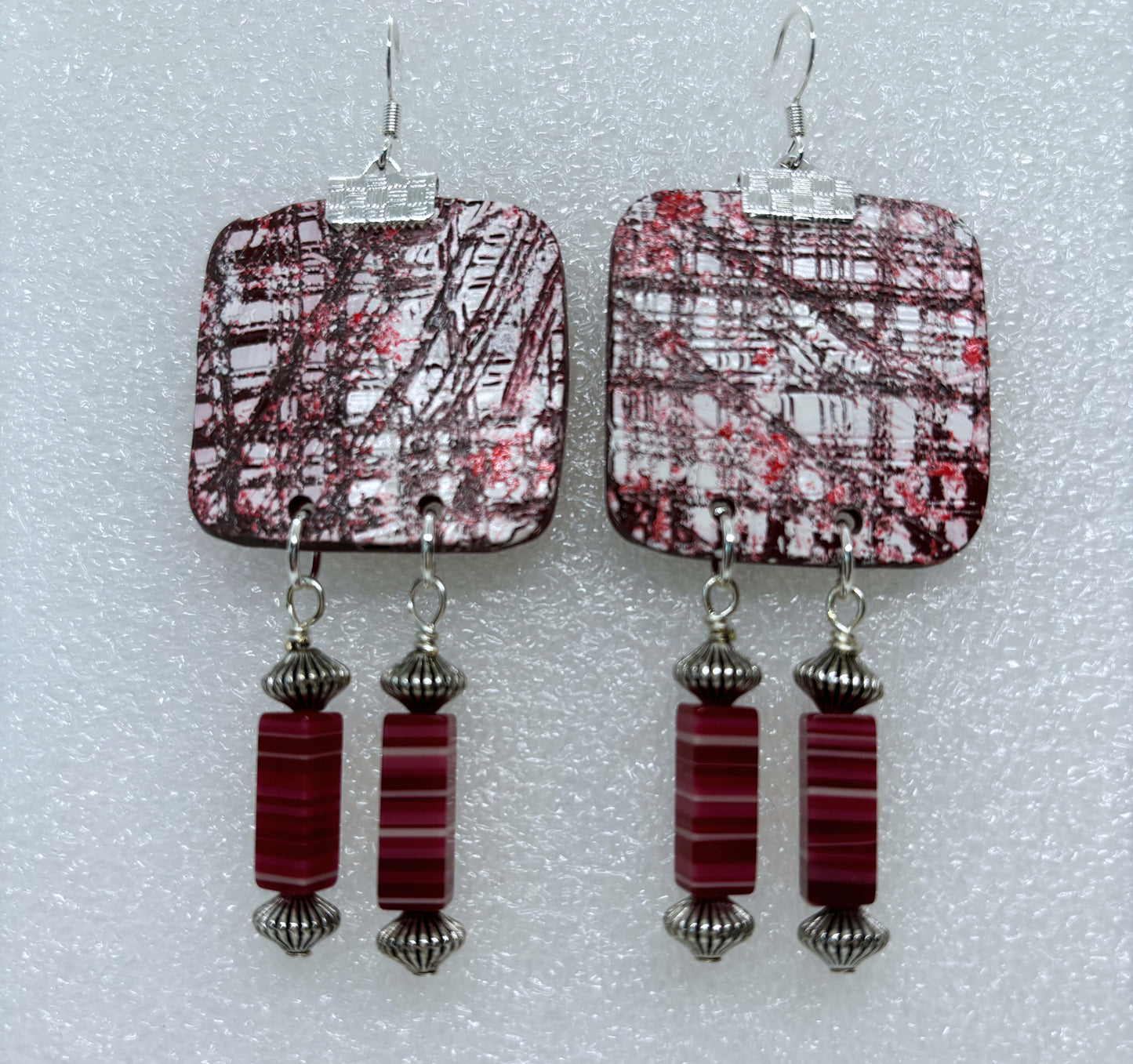 Square Burgundy, Light Pink Tweed Earrings