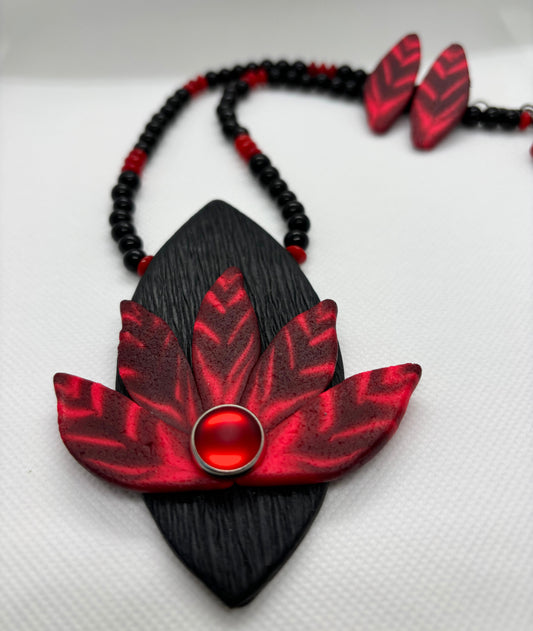 Red and Black Shield Shaped Pendant Necklace Set