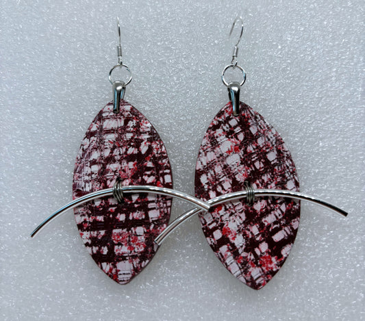 Shield Shaped Burgundy, Light Pink Tweed Earrings