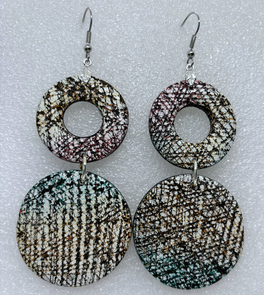 Burgundy, Black and Green Circles Tweed Earrings