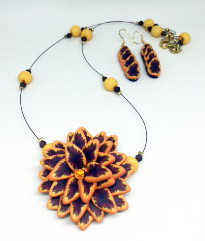 Cluster of Purple and Orange Leaves Necklace & Earrings