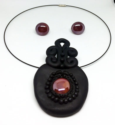 Black Soutache with Burgundy Half Marbles  Necklace & Earrings